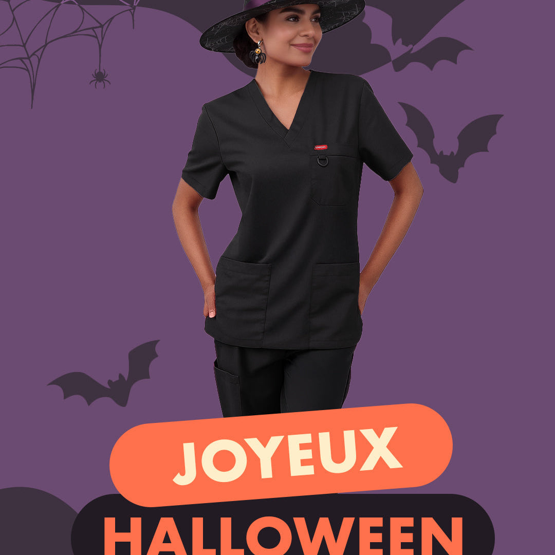 Femme en blouse médicale noire Orange standard avec un chapeau de sorcière, texte “Joyeux Halloween”.