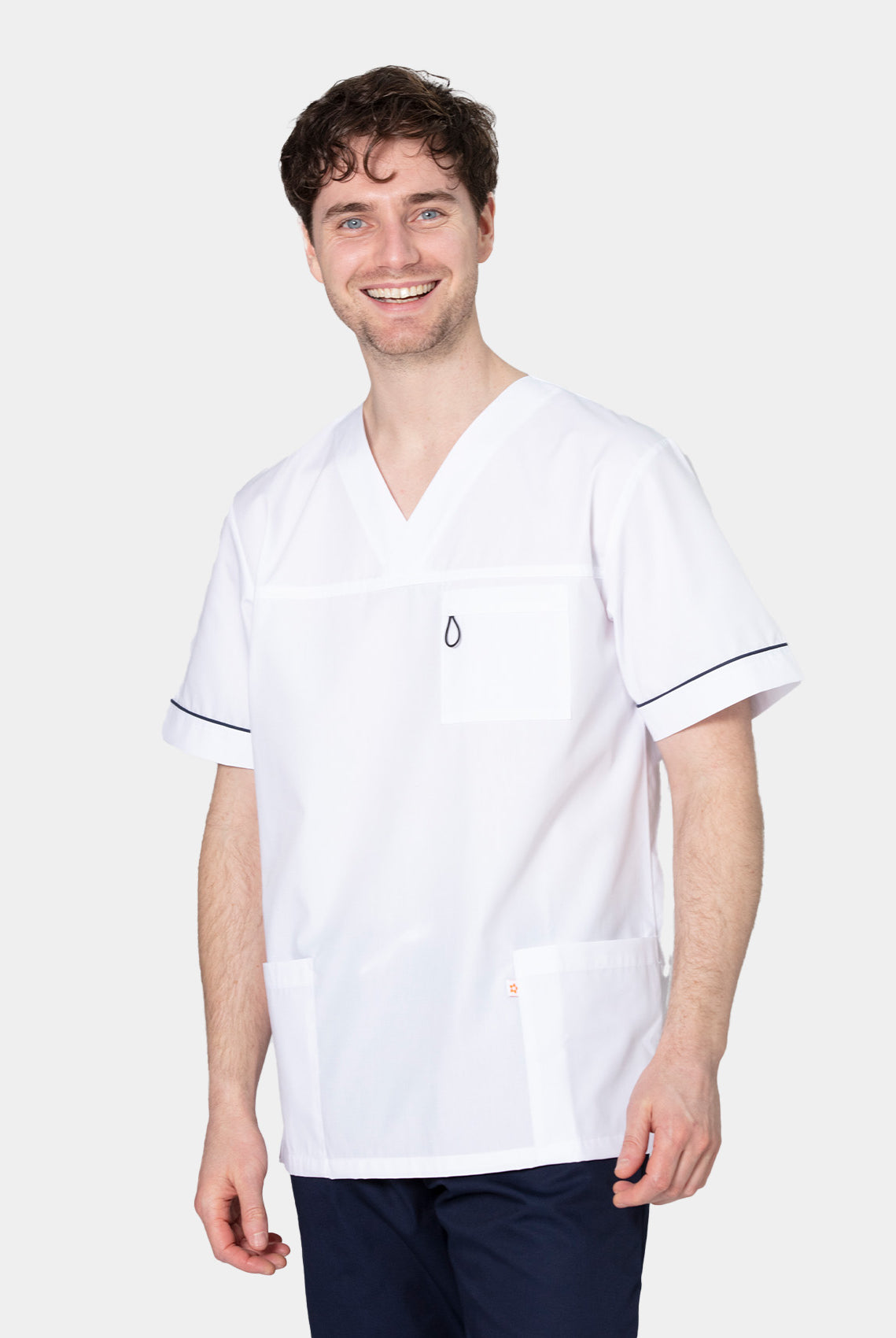 Blouse médicale HappyFIT Alex - blanc (bordure bleu marine)