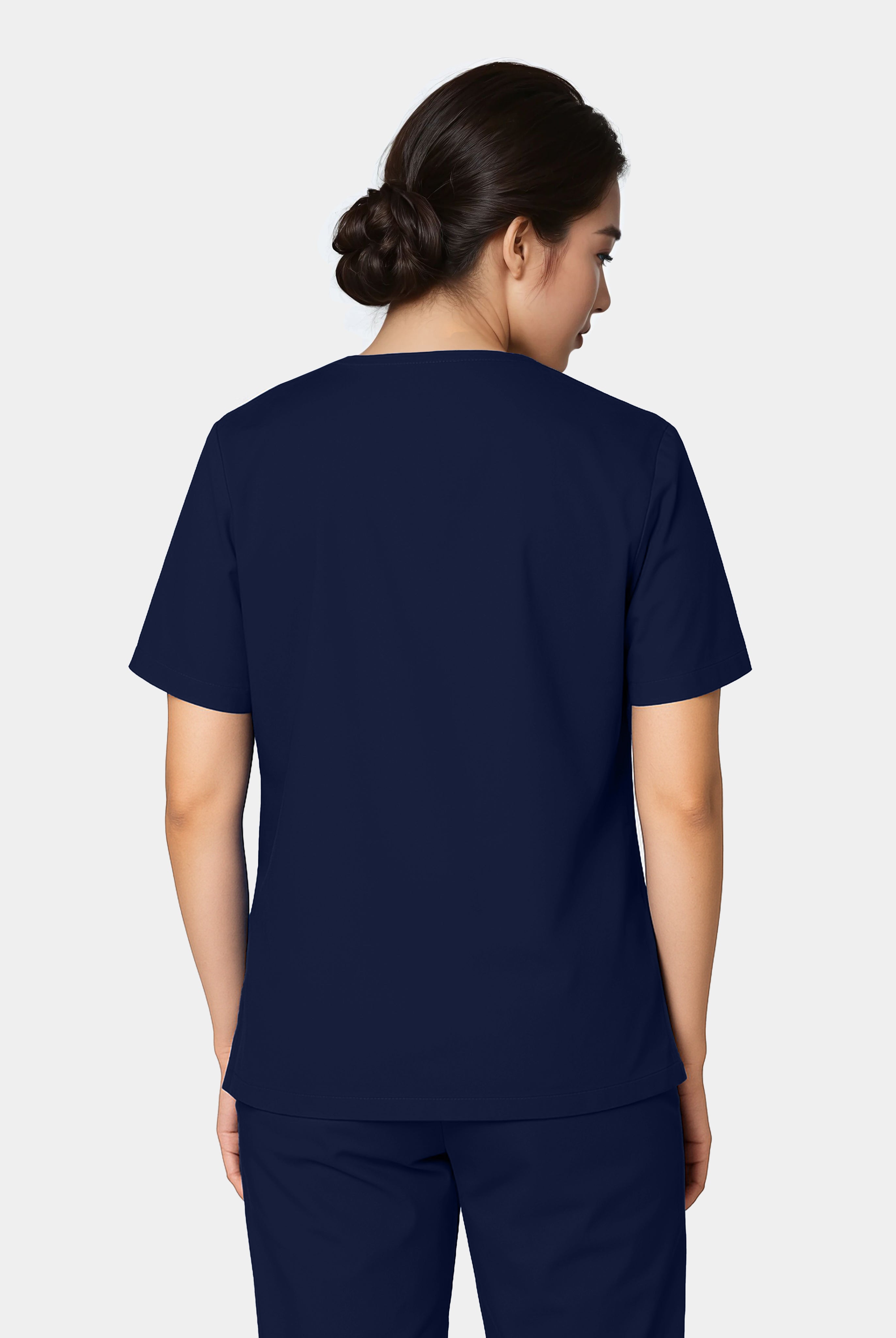 Femme de dos portant une blouse médicale unisexe happyfit - Bleu Marine