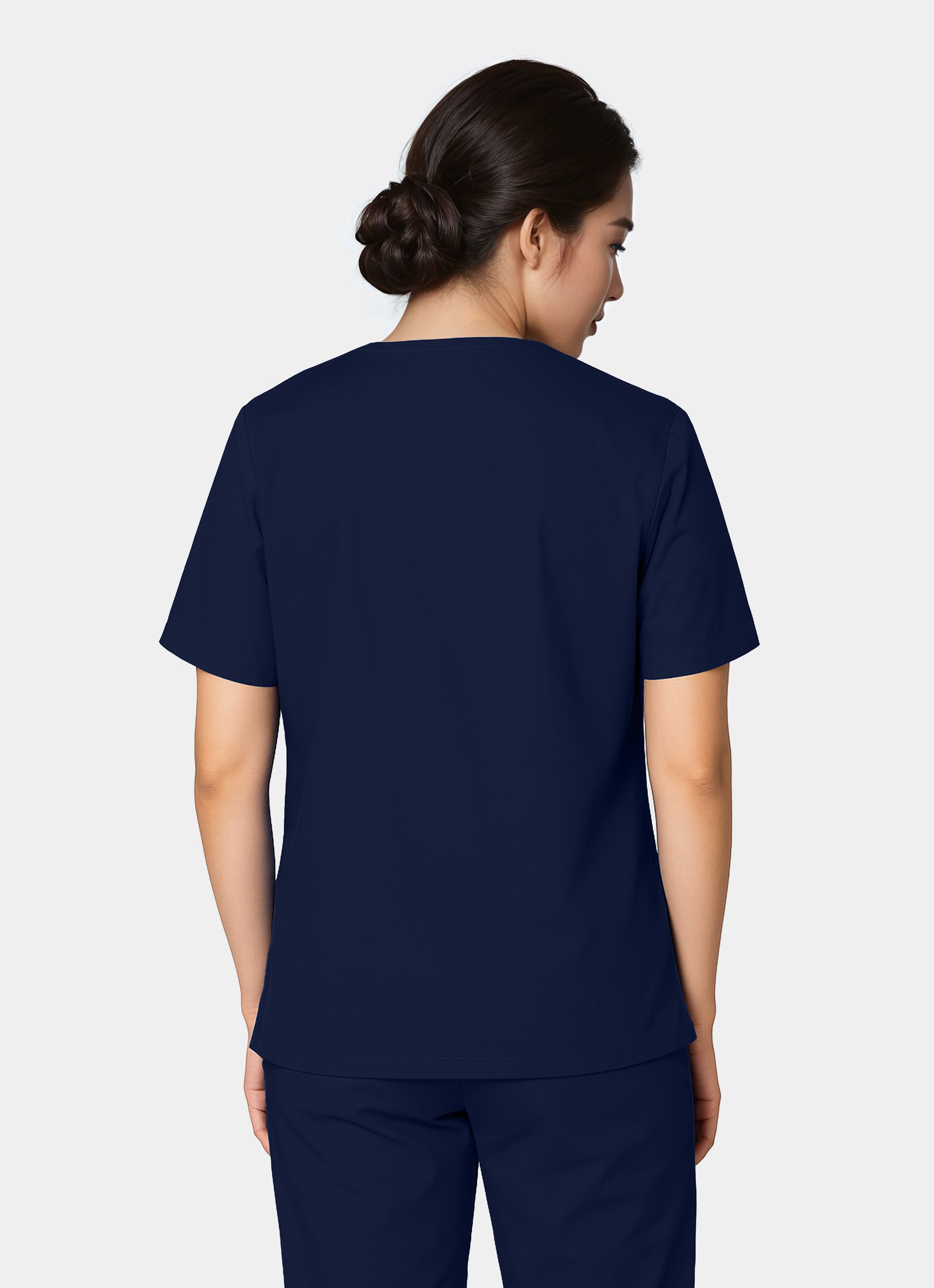 Femme de dos portant une blouse médicale unisexe happyfit - Bleu Marine