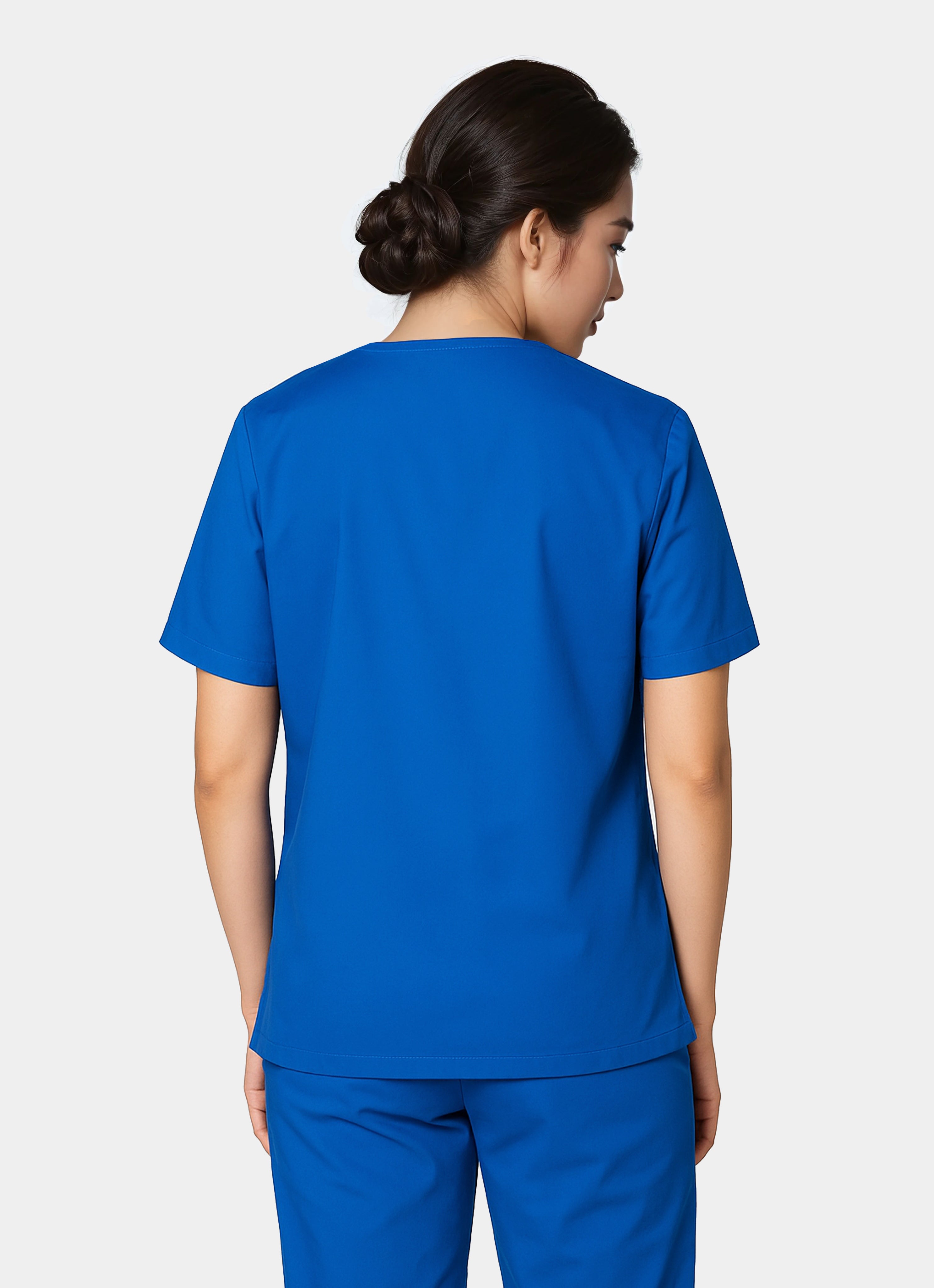 Femme de dos portant une blouse médicale unisexe happyfit - Bleu Roi