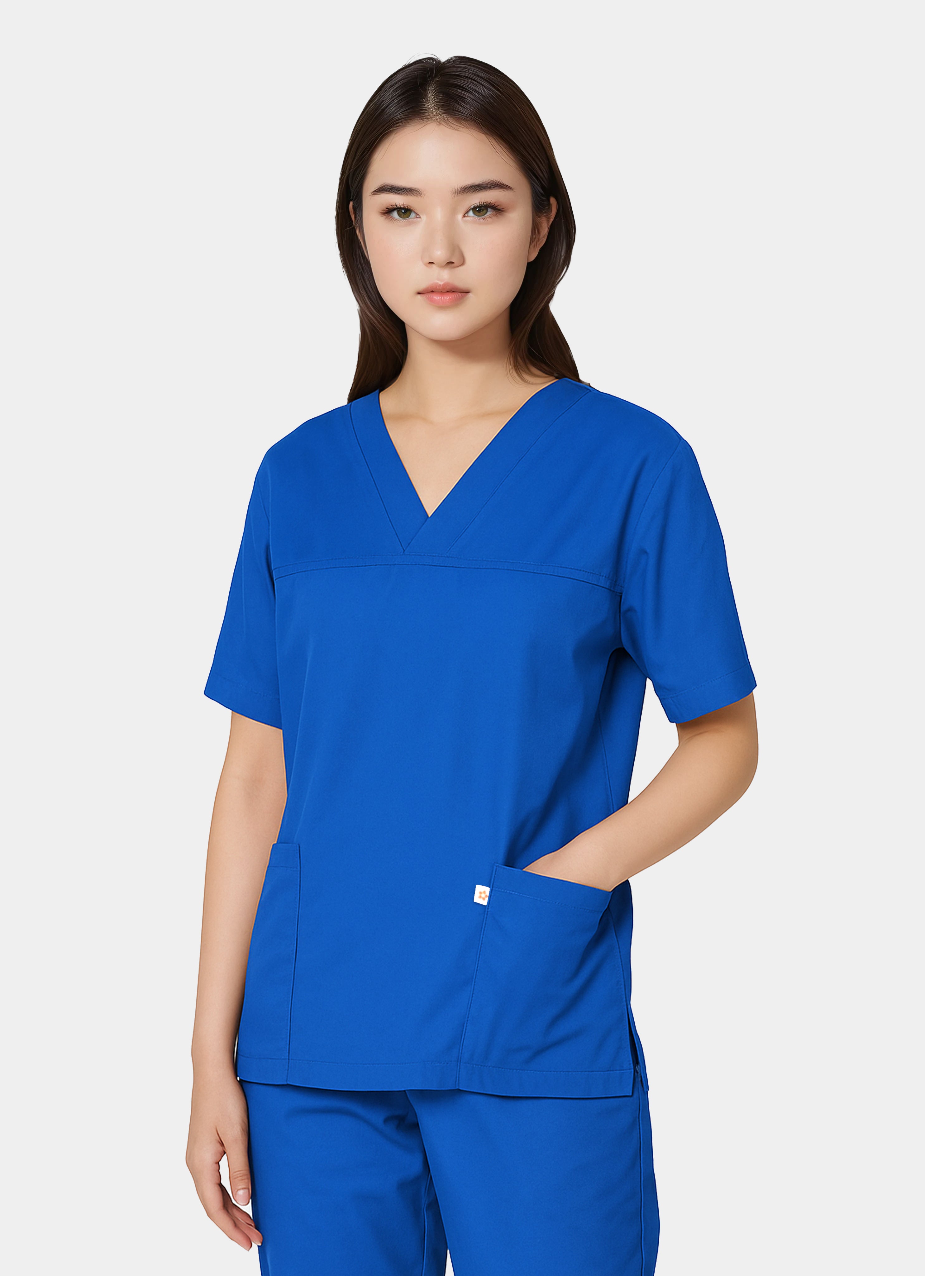 Femme portant une blouse médicale unisexe happyfit - Bleu Roi