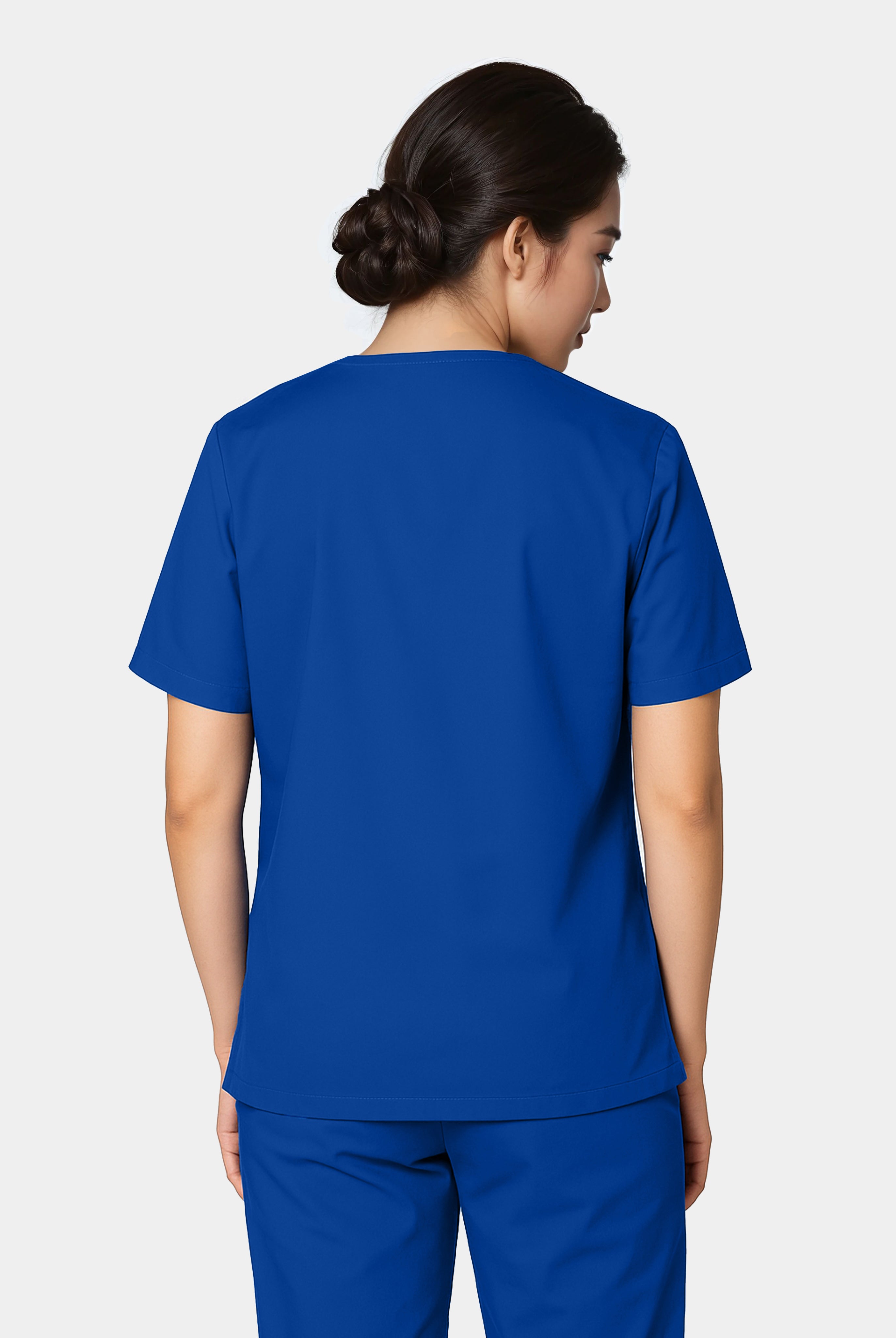 Femme de dos portant une blouse médicale unisexe happyfit - Bleu Galaxie