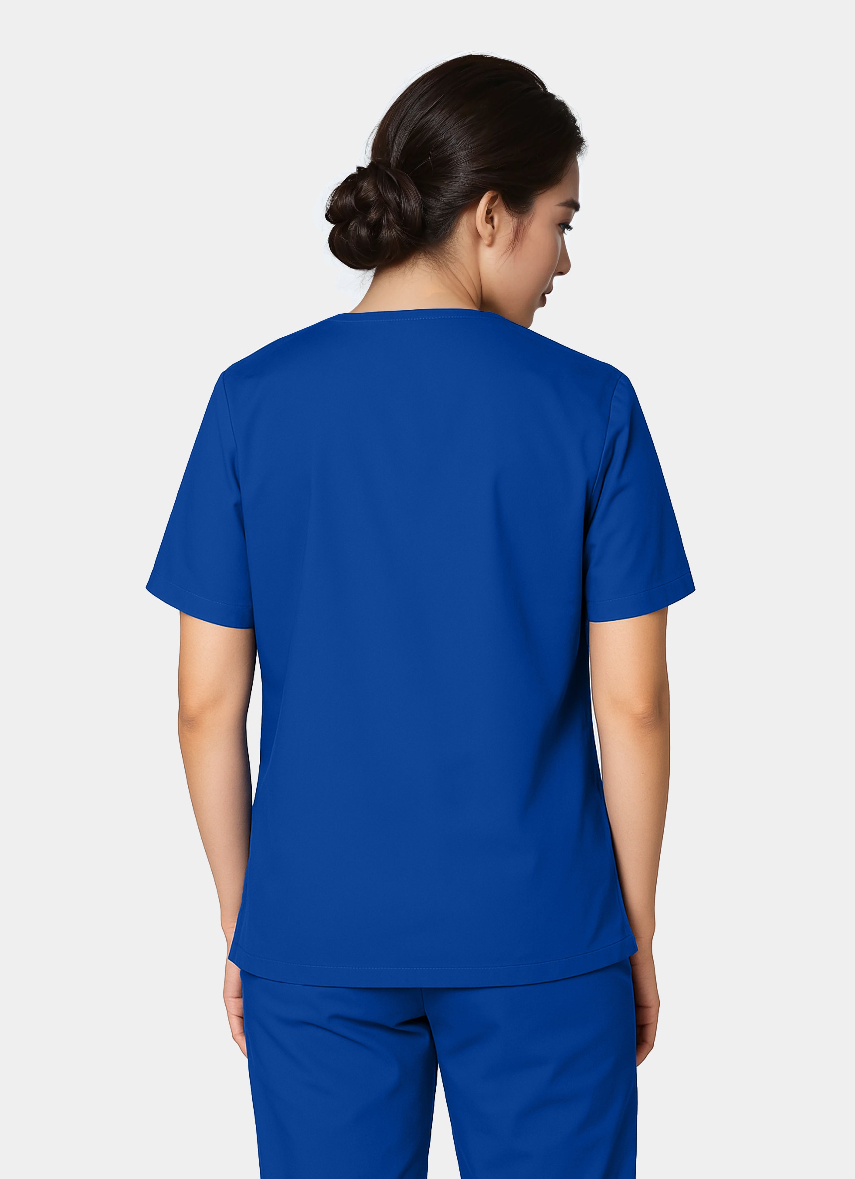 Femme de dos portant une blouse médicale unisexe happyfit - Bleu Galaxie