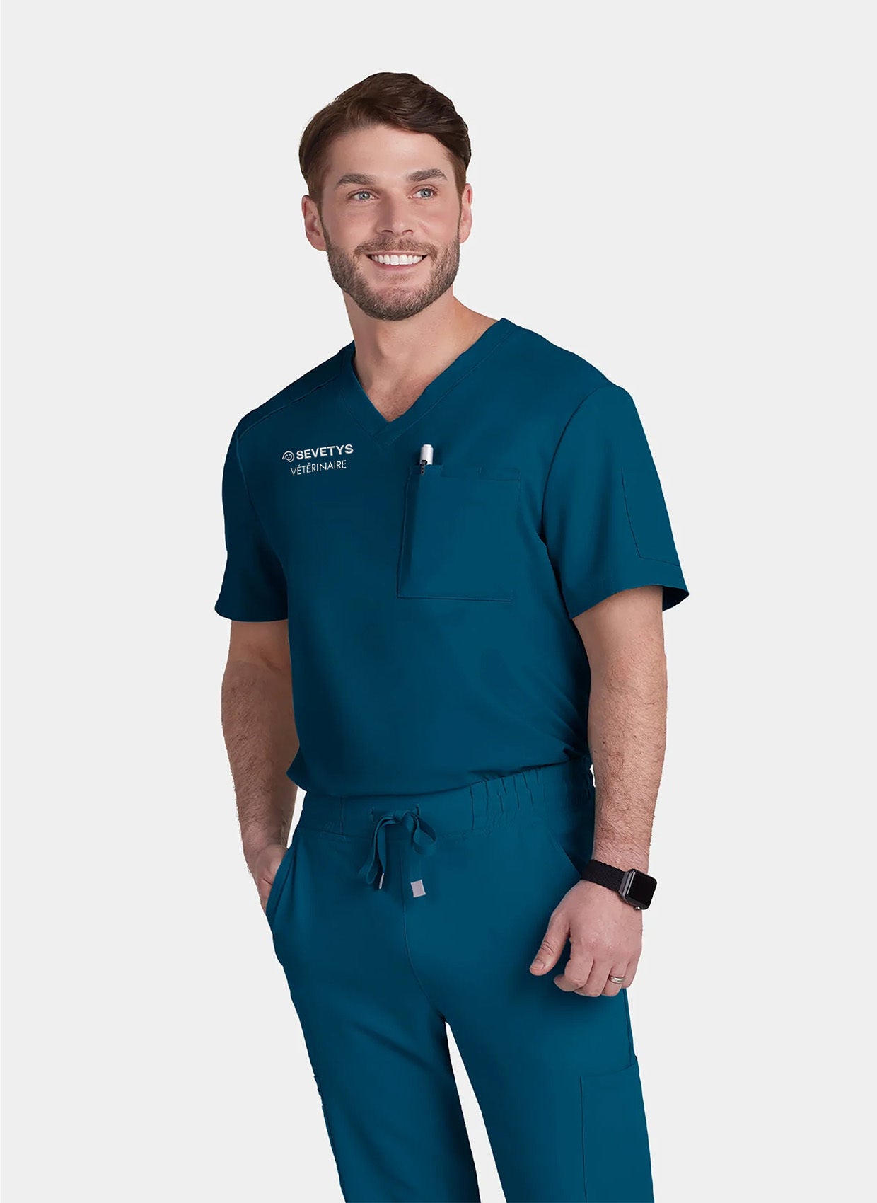 Blouse médicale homme koi Cureology Arthro Bleu Caraïbes - Logo Blanc SEVETYS + Texte 