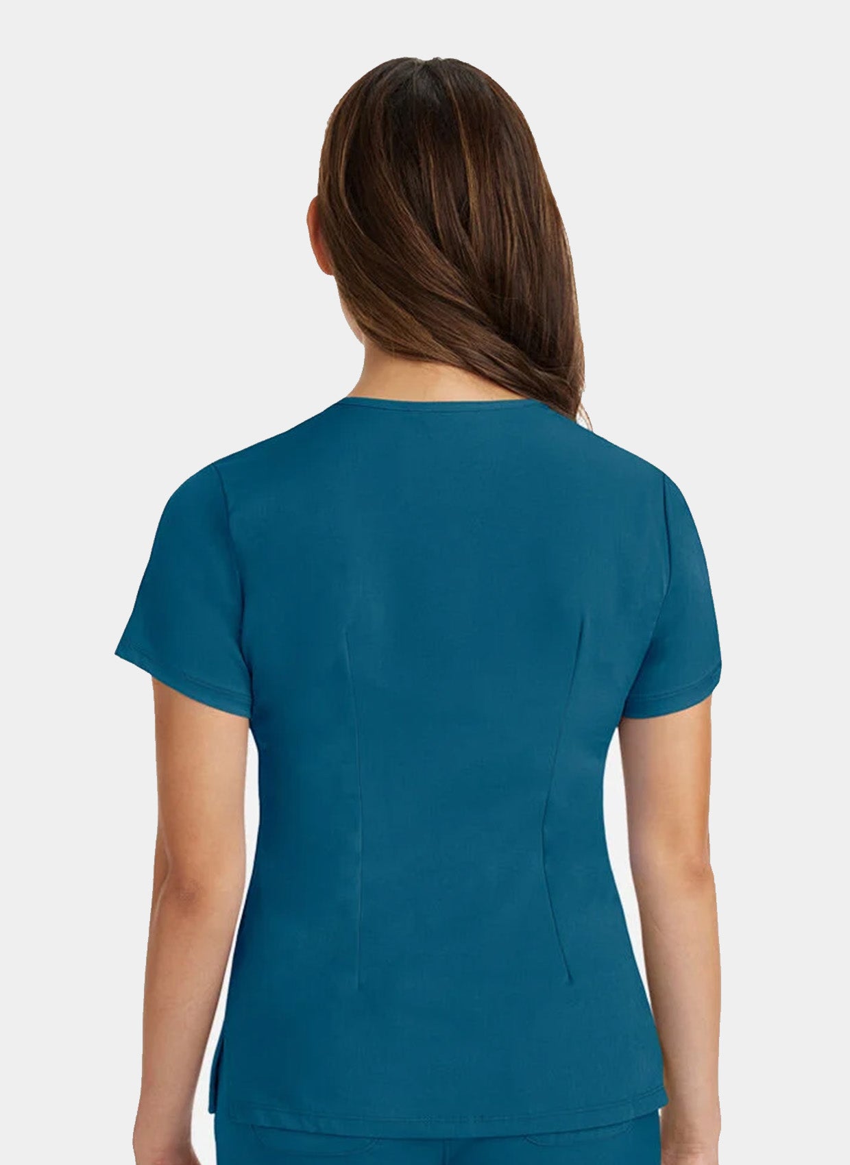 Femme de dos  portant une blouse  médicale Healing Hands Monica bleu Caraïbe 