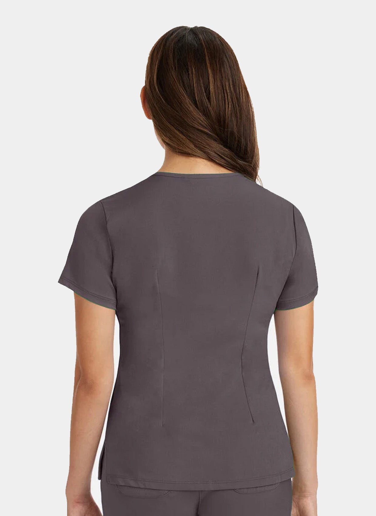 Femme de dos portant une blouse  médicale Healing Hands Monica étain