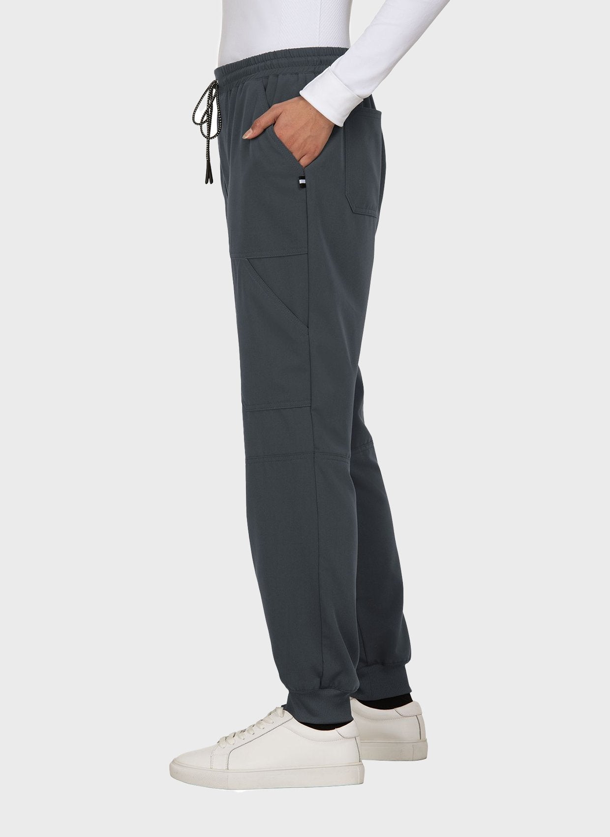 Pantalon médical femme Koi Next Gen Bonnes ondes anthracite vue trois quarts