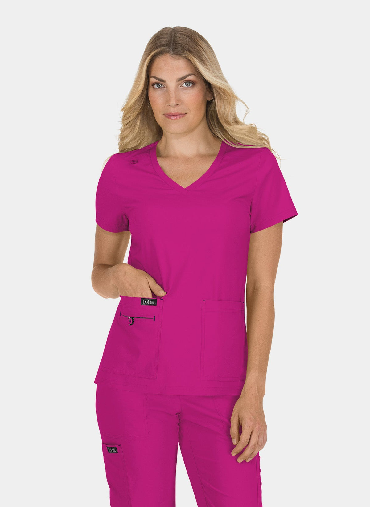 Blouse médicale femme Koi Basics Becca - Rose azalée, col en V