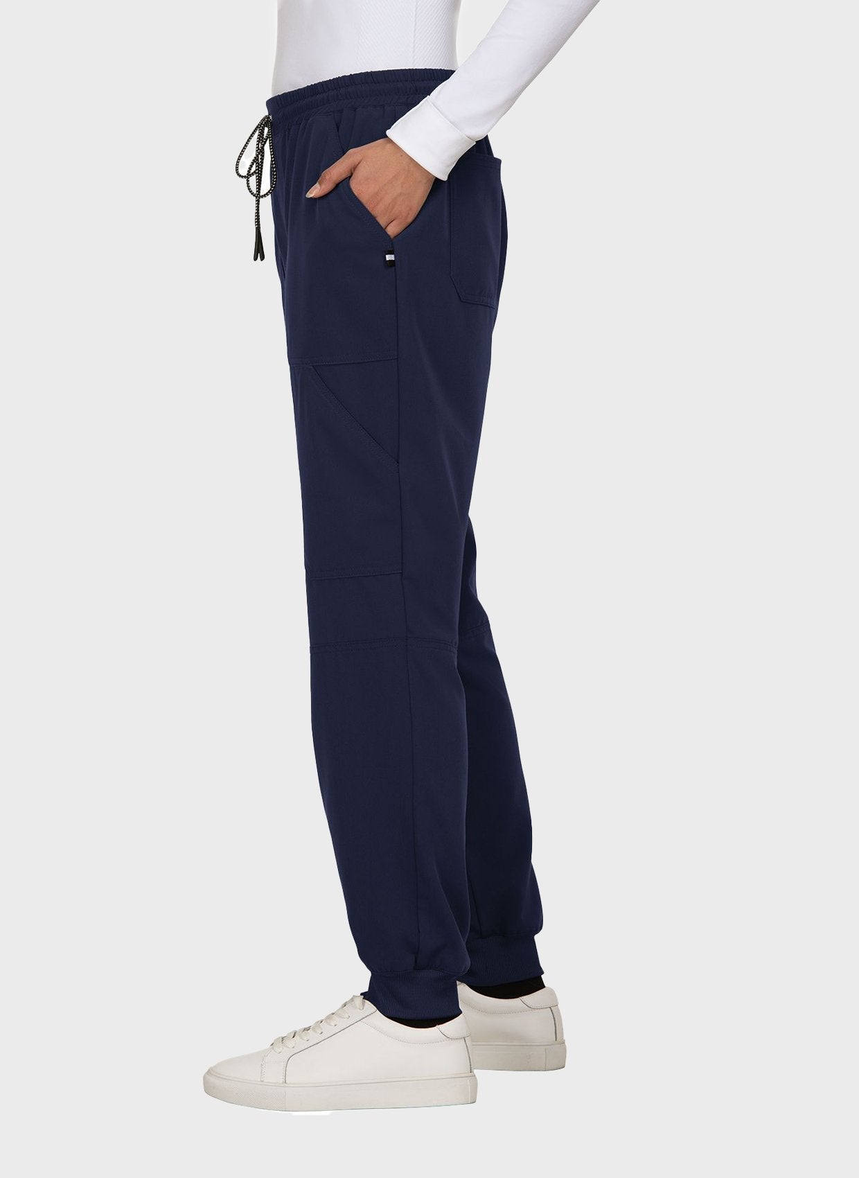 Pantalon médical femme Koi Next Gen Bonnes ondes bleu marine vue trois quarts